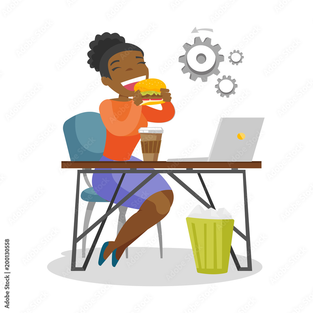 Young african-american business woman sitting at the workplace with laptop and eating hamburger. Concept of unhealthy nutrition. Vector cartoon illustration isolated on white background. Square layout