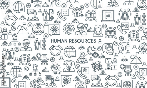 Business management and human resources banner. Modern icons on theme business people, analysis, organization, conference and office working. Thin line design icons collection. Vector illustrationr