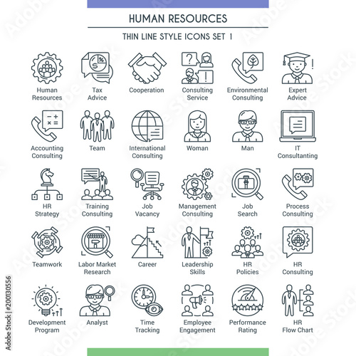 Business management and human resources icons. Modern icons on theme business people, analysis, organization, conference and office working. Thin line design icons collection. Vector illustration