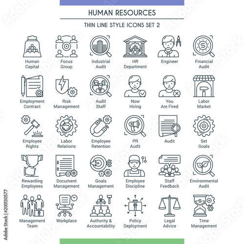 Business management and human resources icons. Modern icons on theme business people, analysis, organization, conference and office working. Thin line design icons collection. Vector illustration