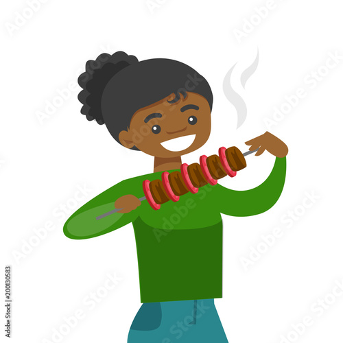 Young cheerful african-american woman eating shashlik with vegetables and meat on skewer. Happy woman with shish kebab in hands. Vector cartoon illustration isolated on white background. Square layout