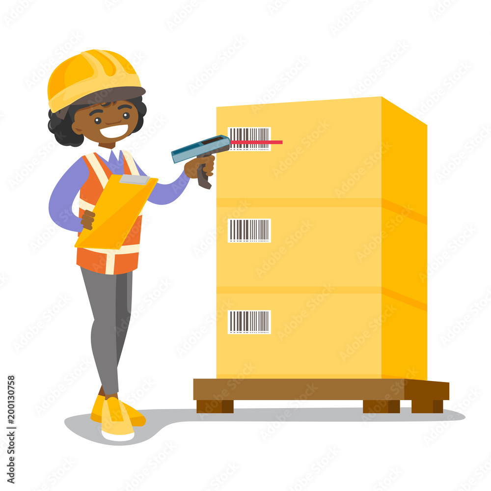 Young african-american warehouse worker scanning barcode on box. Warehouse staff checking barcode of boxes with a scanner. Distribution and storage concept. Vector cartoon illustration. Square layout.
