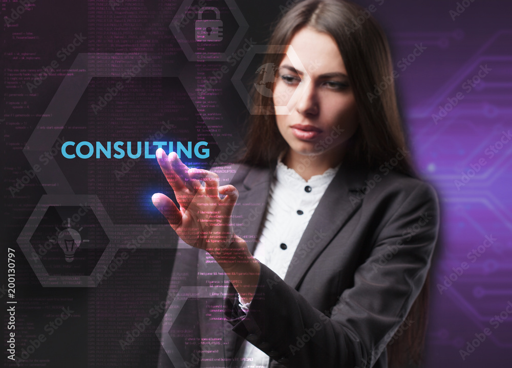 The concept of business, technology, the Internet and the network. A young entrepreneur working on a virtual screen of the future and sees the inscription: Consulting