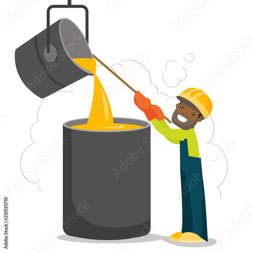 African-american steelworker in hard hat at work near the furnace. Steelworker controlling iron smelting in the foundry in steel making plant. Vector cartoon illustration isolated on white background.
