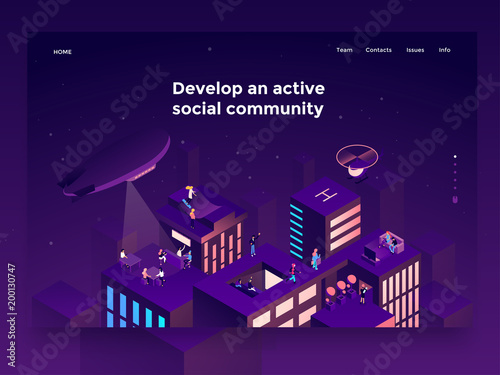 People on the roofs communicating and entertaining. Social networking platform concept. Landing page template. 3d vector isometric illustration.