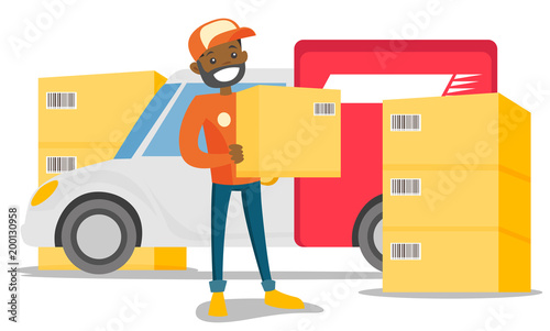 Young african-american male courier holding parcel box on the background of postal truck. Delivery man in red uniform carrying cardboard box. Delivery service concept. Vector cartoon illustration.