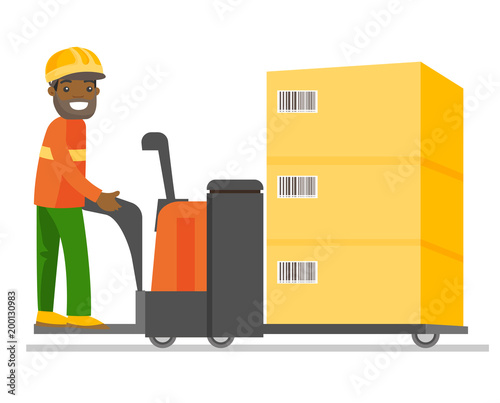 Young african warehouse worker in hard hat driving a forklift truck with cardboard boxes. Man at work in warehouse. Delivery service concept. Vector cartoon illustration isolated on white background.