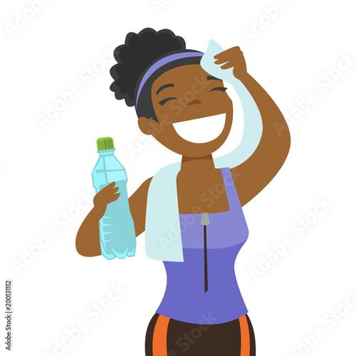 Young african-american sporty woman drinking water and wiping sweat with a towel after workout. Healthy lifestyle concept. Vector cartoon illustration isolated on white background. Square layout.