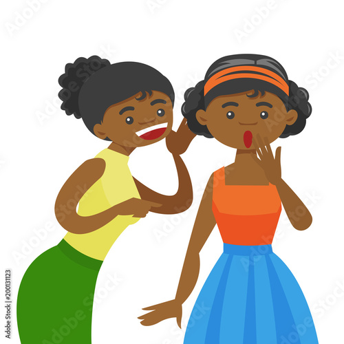 Young african-american woman shielding her mouth and whispering a gossip to her friend. Two female friends discussing gossips. Vector cartoon illustration isolated on white background. Square layout.