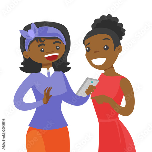 Young african-american woman showing something to her friend on smartphone. Female friends looking at cellphone and laughing. Vector cartoon illustration isolated on white background. Square layout.