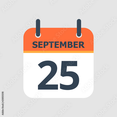 Flat icon calendar 25th of September isolated on gray background. Vector illustration.