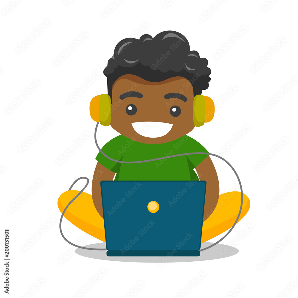 Young african-american fat boy in headphones playing video games on laptop.  Obese teenage boy surfing on internet on computer. Vector cartoon  illustration isolated on white background. Square layout. Stock Vector |  Adobe
