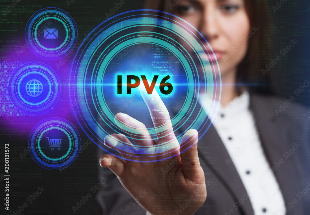 The concept of business, technology, the Internet and the network. A young entrepreneur working on a virtual screen of the future and sees the inscription: IPv6