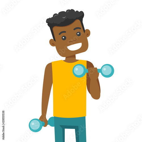 Young african-american strong sportsman doing exercise with a dumbbell. Sporty man lifting a dumbbell and pumping up biceps. Vector cartoon illustration isolated on white background. Square layout.