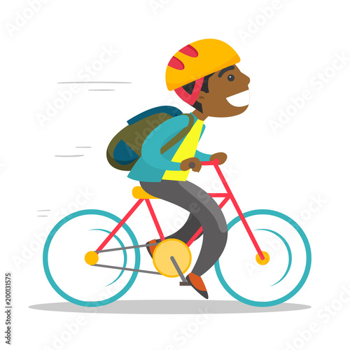 Young african-american teenage boy with backpack riding a bicycle to school. Teenager in helmet riding a bike. Healthy lifestyle concept. Vector cartoon illustration isolated on white background.