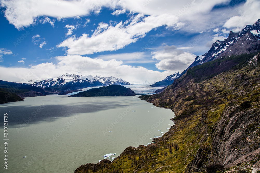 Trekking in Torres del Paine Nation Park with view Grey Glacier, Patagonia, Chile