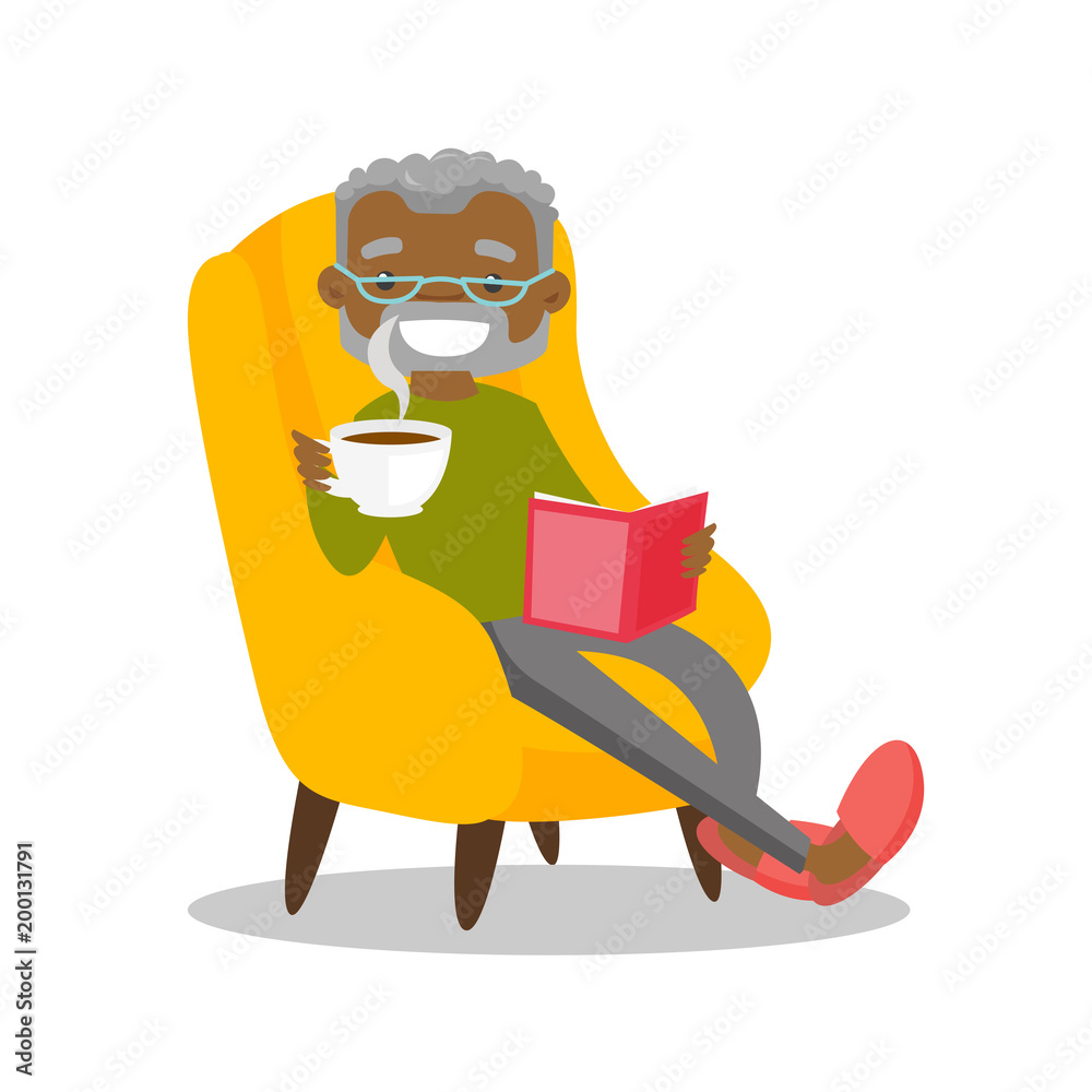 Senior african-american man relaxing with a book on the armchair. Happy  pensioner drinking coffee and reading a novel at home. Vector cartoon  illustration isolated on white background. Square layout. Stock Vector |
