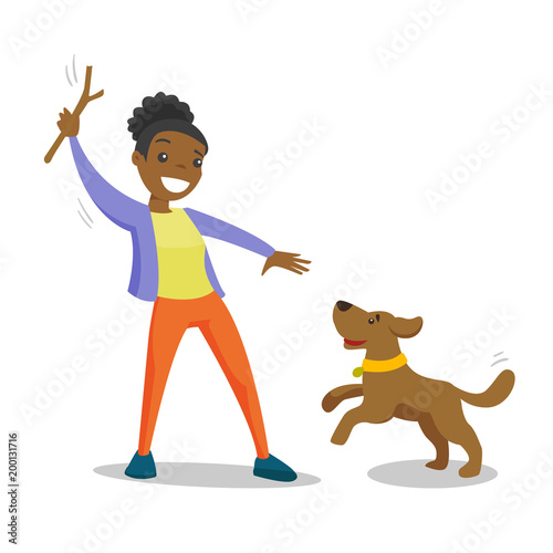 Young african woman training dog with stick. Young woman playing with her small dog on a walk. Owner throwing stick for puppy. Vector cartoon illustration isolated on white background. Square layout.