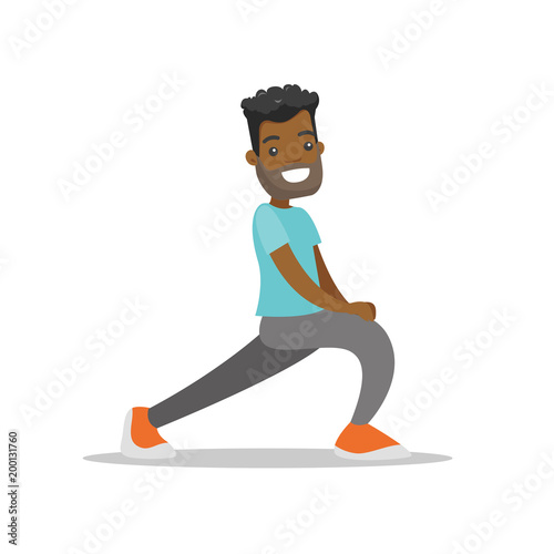 Young african-american man doing stretching warm up exercise. Sportsman stretching legs doing forward lunge before workout. Vector cartoon illustration isolated on white background. Square layout.