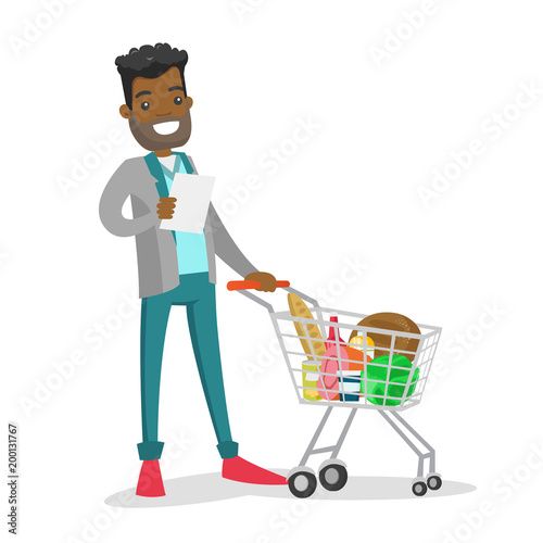 Young african-american man standing next to the shopping carrt with products and checking a shopping list in the grocery shop. Vector cartoon illustration isolated on white background. Square layout.