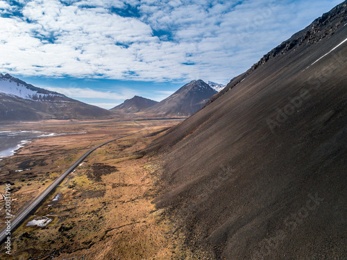Aerial view of icelandic landscape with mountains