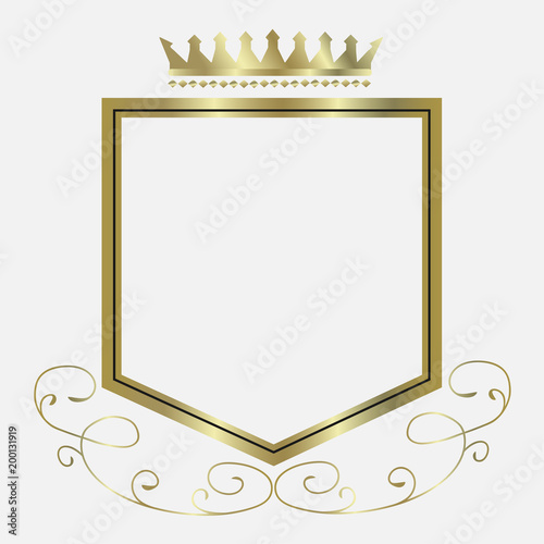 Shield modern heraldic shapes logo with crown in golden colors photo