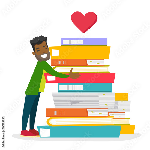 Young african-american male student hugging huge stack of books
