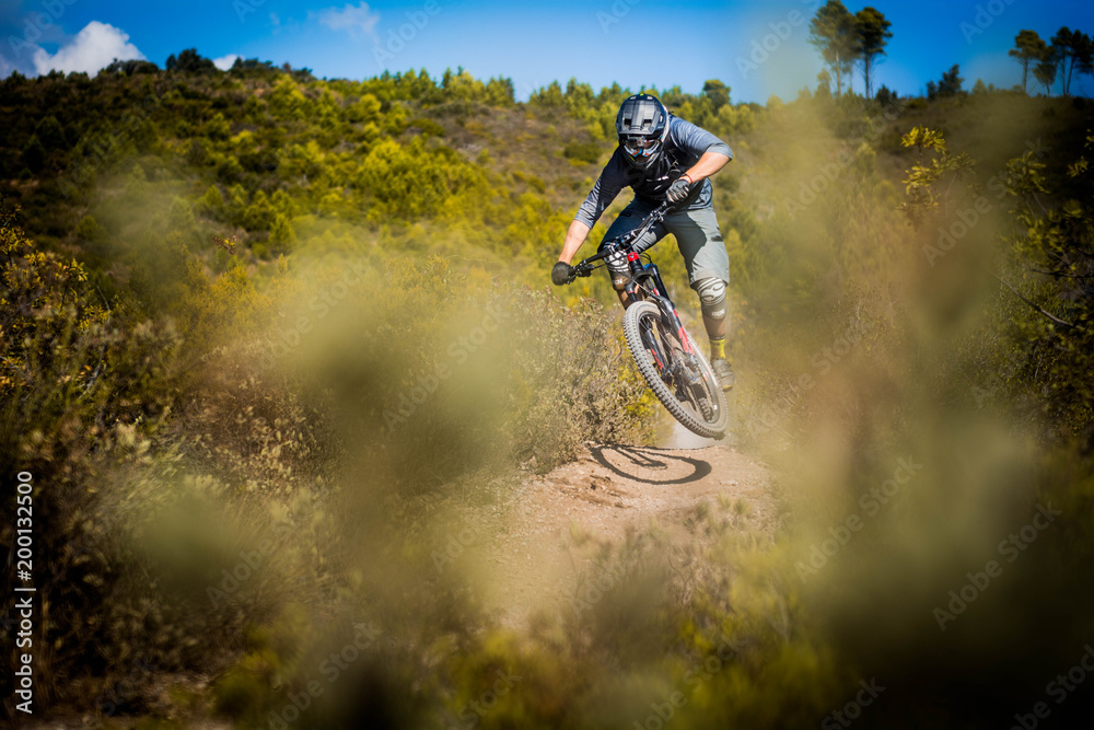 Naklejka premium jumping mountain biker riding downhill