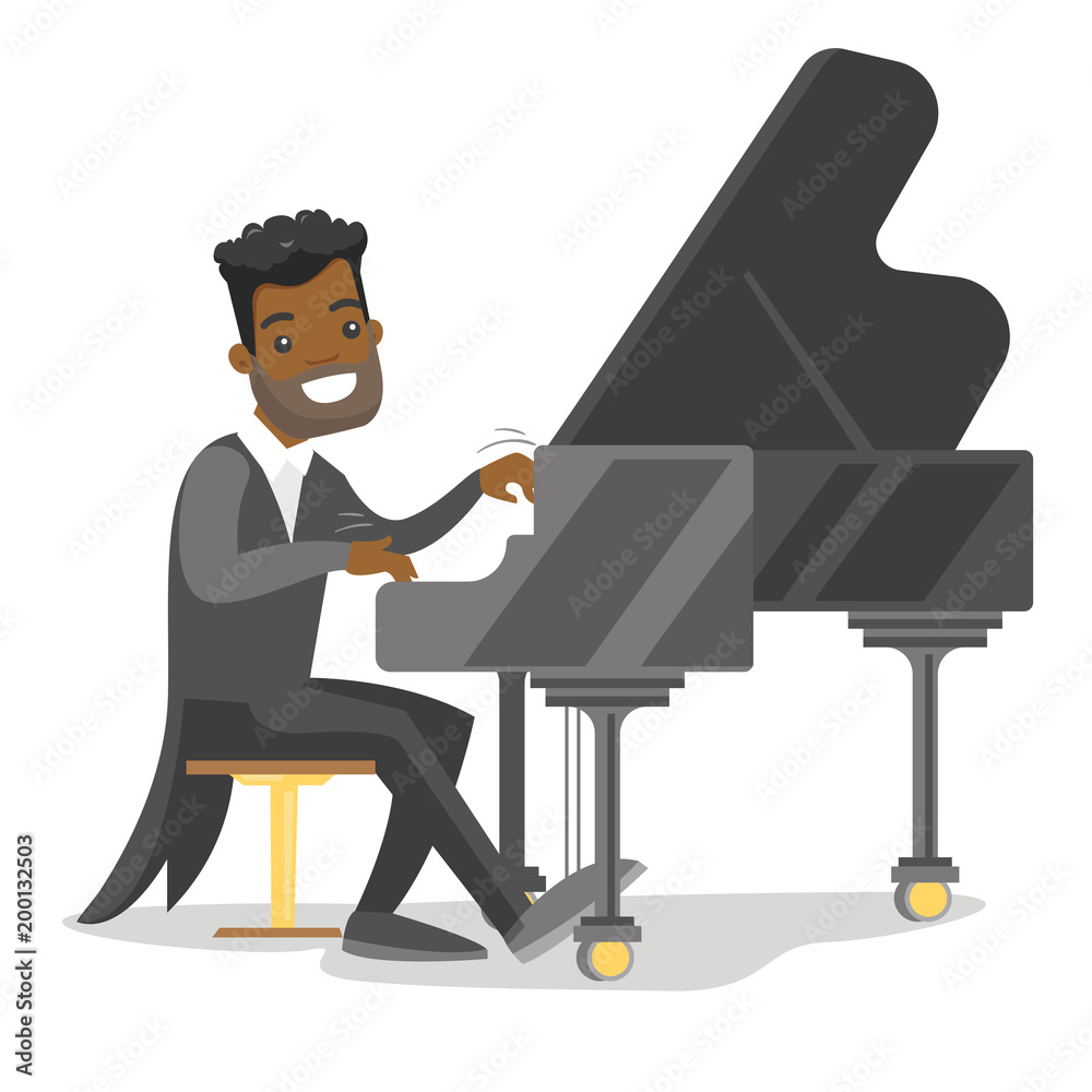 Young african-american musician playing piano. Pianist playing upright piano.  Smiling pianist performing on synthesizer. Vector cartoon illustration  isolated on white background. Horizontal layout. Stock Vector | Adobe Stock