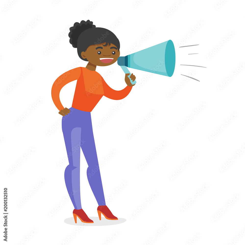African-american speaker holding a megaphone. Promoter advertising using a speaker. Business woman speaking into megaphone. Social media marketing concept. Vector cartoon illustration. Square layout. African-american speaker holding a megaphone. Promoter advertising using a speaker. Business woman speaking into megaphone. Social media marketing concept. Vector cartoon illustration. Square layout.