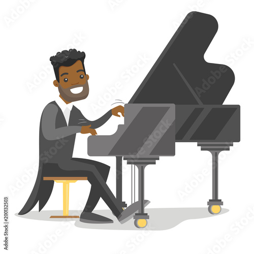 Young african-american musician playing piano. Pianist playing upright piano. Smiling pianist performing on synthesizer. Vector cartoon illustration isolated on white background. Horizontal layout.