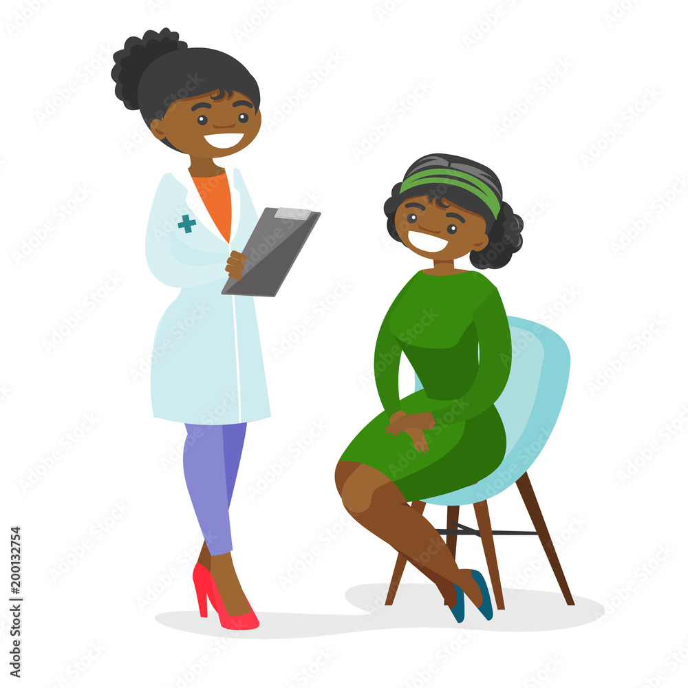 African-american doctor consulting a patient in the clinic. Doctor talking to happy female patient about her state of health. Vector cartoon illustration isolated on white background. Square layout.