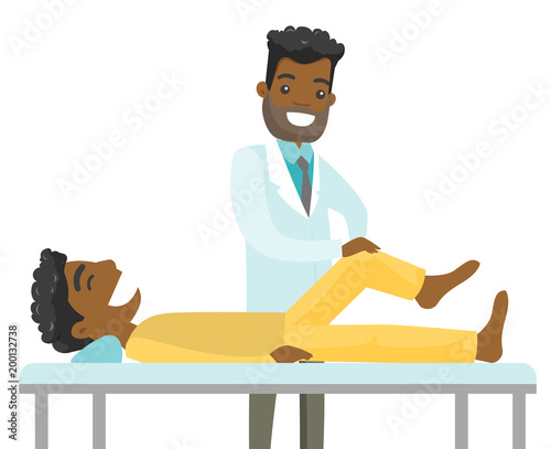African-american doctor checking the ankle of a patient. Physio doctor giving a leg massage to a patient. Medicine and physiotherapy concept. Vector cartoon illustration isolated on white background.