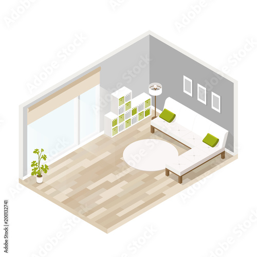 Isometric luxury interior for lounge with wood floor,big window, sofa, lamp, bookcase, carpet, paintings on the wall, home flower.