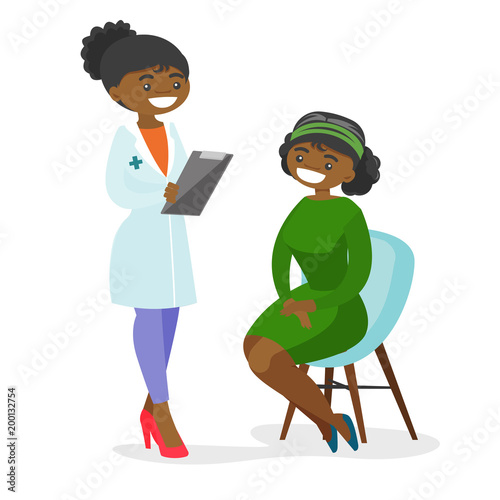 African-american doctor consulting a patient in the clinic. Doctor talking to happy female patient about her state of health. Vector cartoon illustration isolated on white background. Square layout.