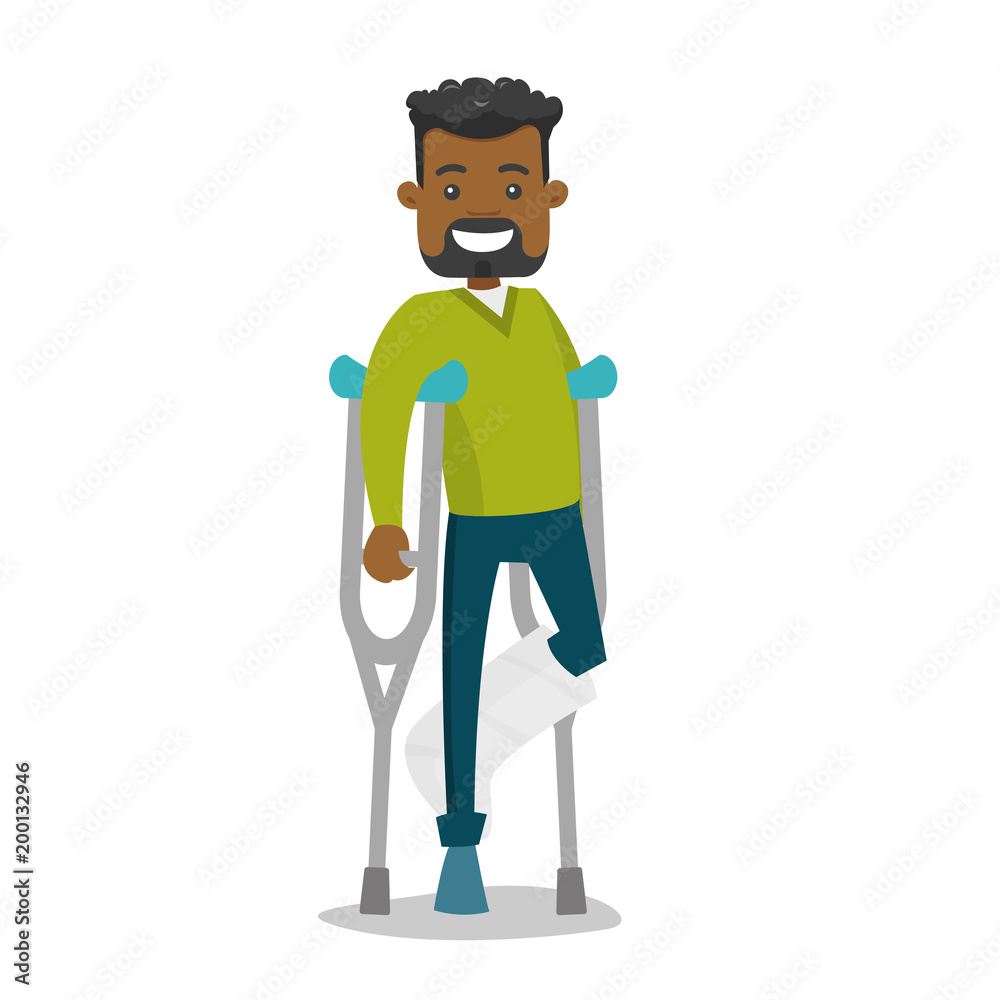 Injured african-american man with broken leg in gypsum using crutches. Young man with fractured leg standing with crutches. Vector cartoon illustration isolated on white background. Square layout.
