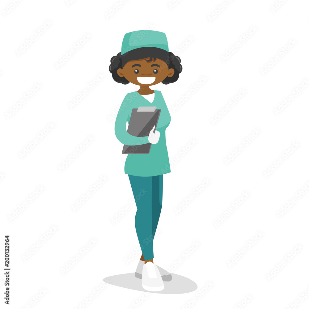 Young african-american surgeon doctor holding a clipboard with patient records. Full length of a female confident surgeon in medical uniform. Vector cartoon illustration isolated on white background.