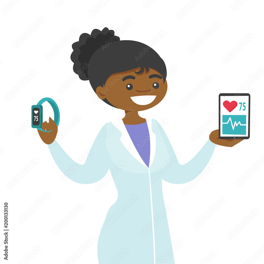 African-american doctor holding smartphone and smartwatch with health application for measuring of heart rate African-american doctor holding smartphone and smartwatch with health application for measuring of heart rate