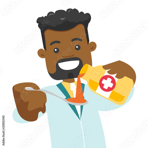 African-american pharmacist pouring cough syrup into spoon
