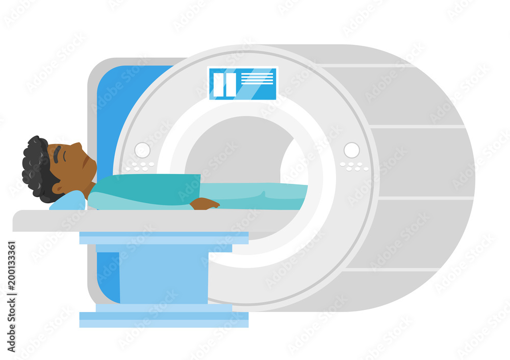 Young frightened african-american man undergoes a magnetic resonance imaging  scan test. MRI scanner scanning a patient. Health care concept. Vector  cartoon illustration isolated on white background. Stock Vector | Adobe  Stock
