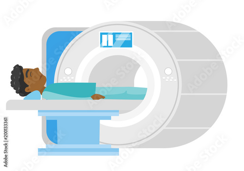Young frightened african-american man undergoes a magnetic resonance imaging scan test. MRI scanner scanning a patient. Health care concept. Vector cartoon illustration isolated on white background.