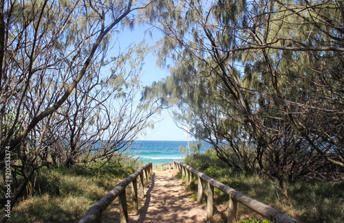 Tree lined trail down to the beach and very blue water near Mooloolaba in Queensland Australia