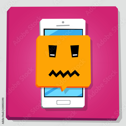 Smartphone 3d isometry flat design vector illustration. Face with scrunched mouth in notification window on mobile phone screen. Death emoji. Concept of feedback or chat sticker.