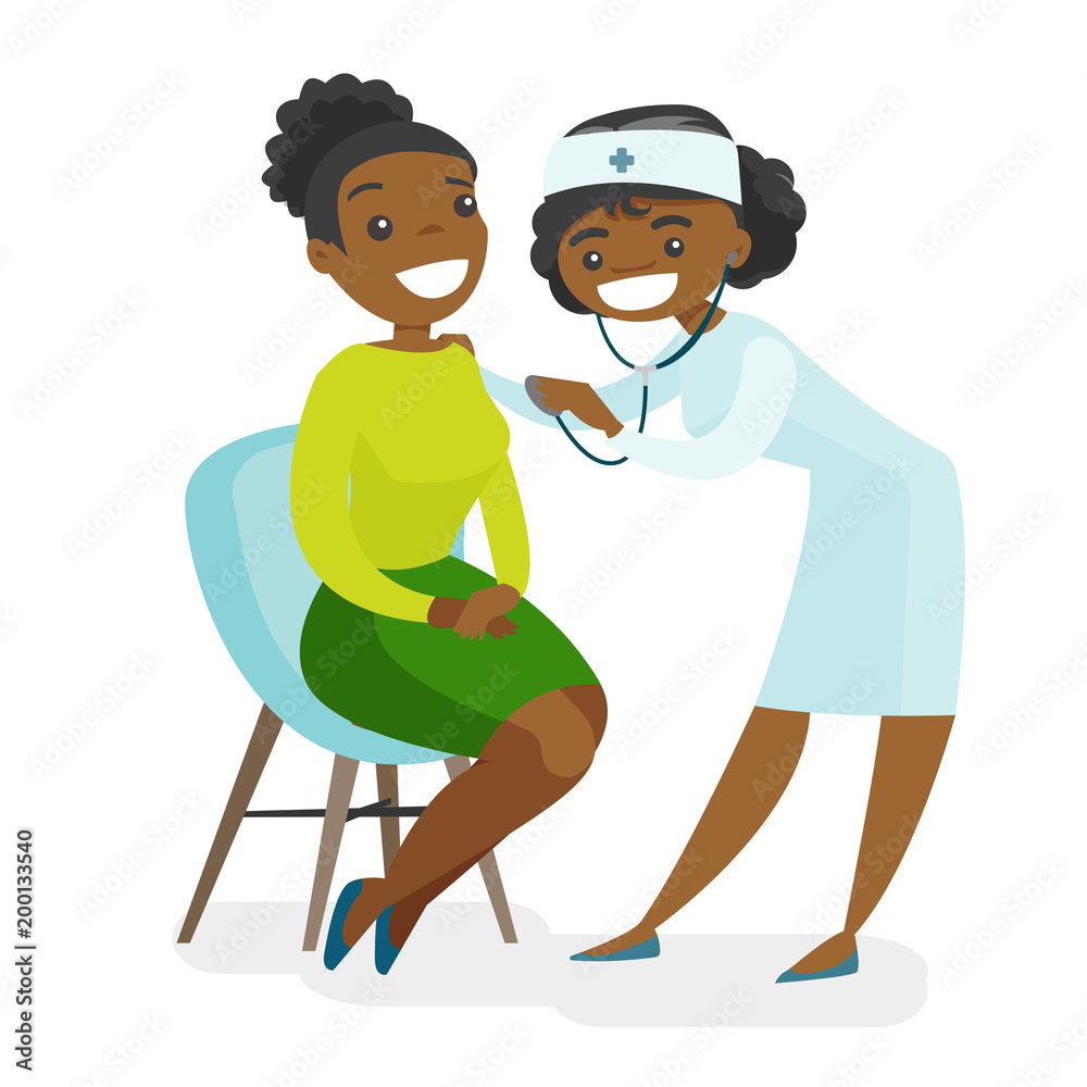 Young african-american doctor listening to the heart of a patient with a stethoscope. Patient visiting a doctor in the hospital to check her heartbeat. Vector cartoon illustration. Square layout.