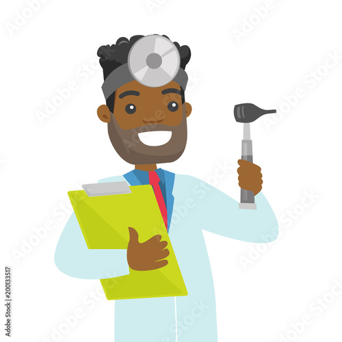 Young african-american otolaryngologist doctor holding clipboard. Audiologist doctor in medical gown with tools used for examination of ear, nose, throat. Vector cartoon illustration. Square layout.