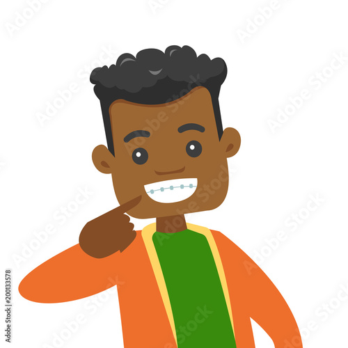 Young happy african-american man smiling with braces on teeth. Cheerful man showing his smile with dental braces. Vector cartoon illustration isolated on white background. Square layout.