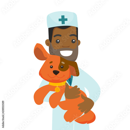 Young african-american veterinarian doctor holding a dog. Veterinarian doctor in medical gown carrying a dog. Medicine and pet care concept. Vector cartoon illustration isolated on white background.