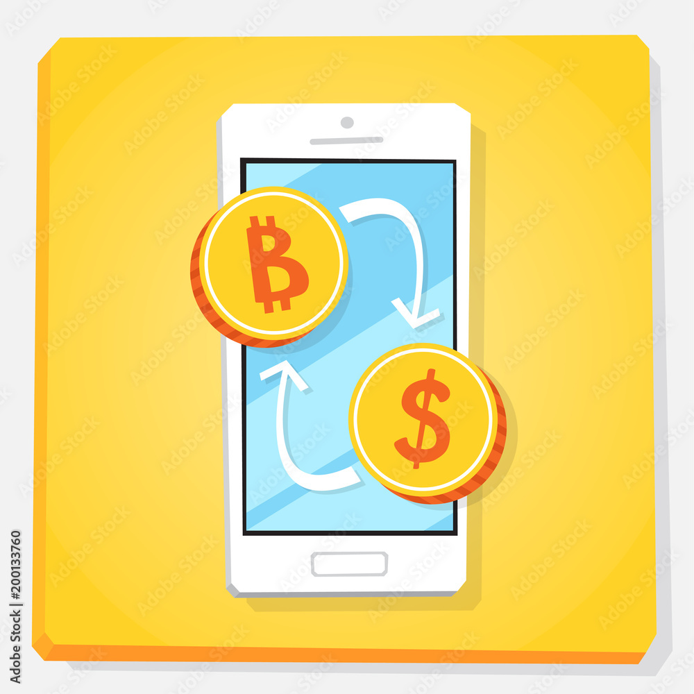 Smartphone 3d isometry flat design illustration. Blockchain industry. Buy sell bitcoin, cryptocurrency exchange for dollar, money transfer. Digital and virtual finance trading. Gold coin icon. Smartphone 3d isometry flat design illustration. Blockchain industry. Buy sell bitcoin, cryptocurrency exchange for dollar, money transfer. Digital and virtual finance trading. Gold coin icon.