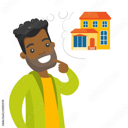 African-american man dreaming about buying property. Man planning his future purchase of a house. Real property buying concept. Vector cartoon illustration isolated on white background. Square layout.
