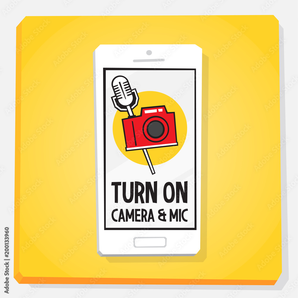 Smartphone 3d isometry flat design illustration. App request permission for turn on camera and microphone on mobile phone screen. Smartphone 3d isometry flat design illustration. App request permission for turn on camera and microphone on mobile phone screen.